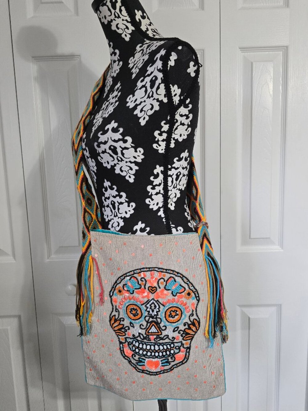 Embroidered Sugar Skull Crossbody Bag with Woven Strap